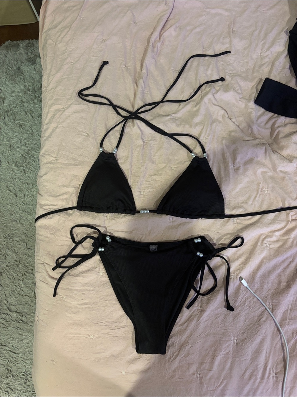 Amazon Black Triangle Beaded String Bikini